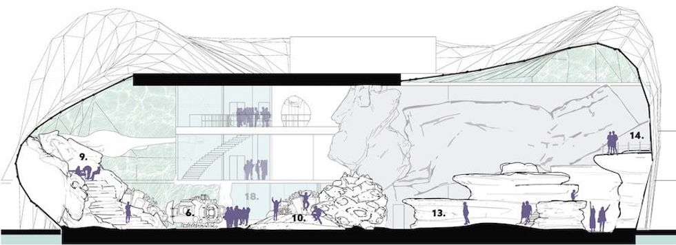 Concept section drawing of "The AquaLab" by by Ross Ricupero, Charlene Karl, and Michelle Bootsma