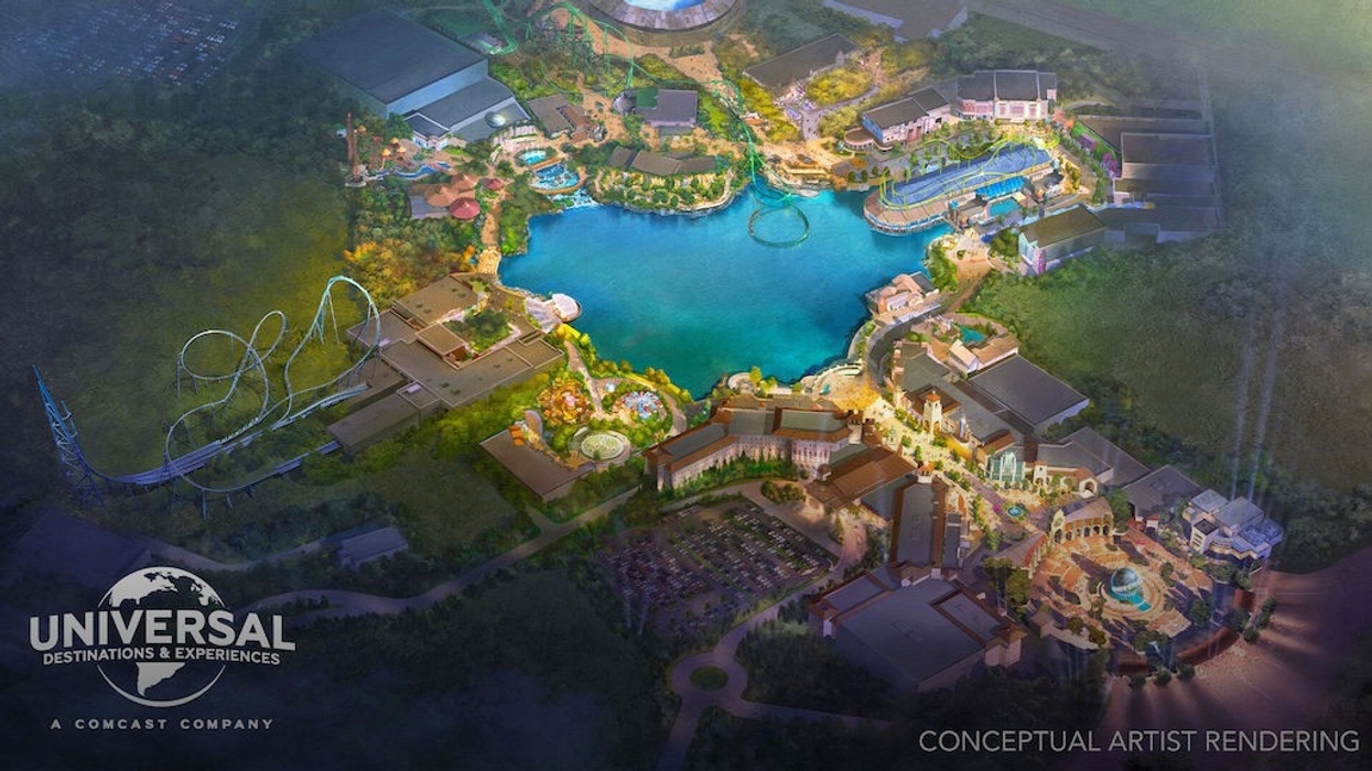 Conceptual rendering of a theme park called Universal United Kingdom Resort with a lake and various attractions.