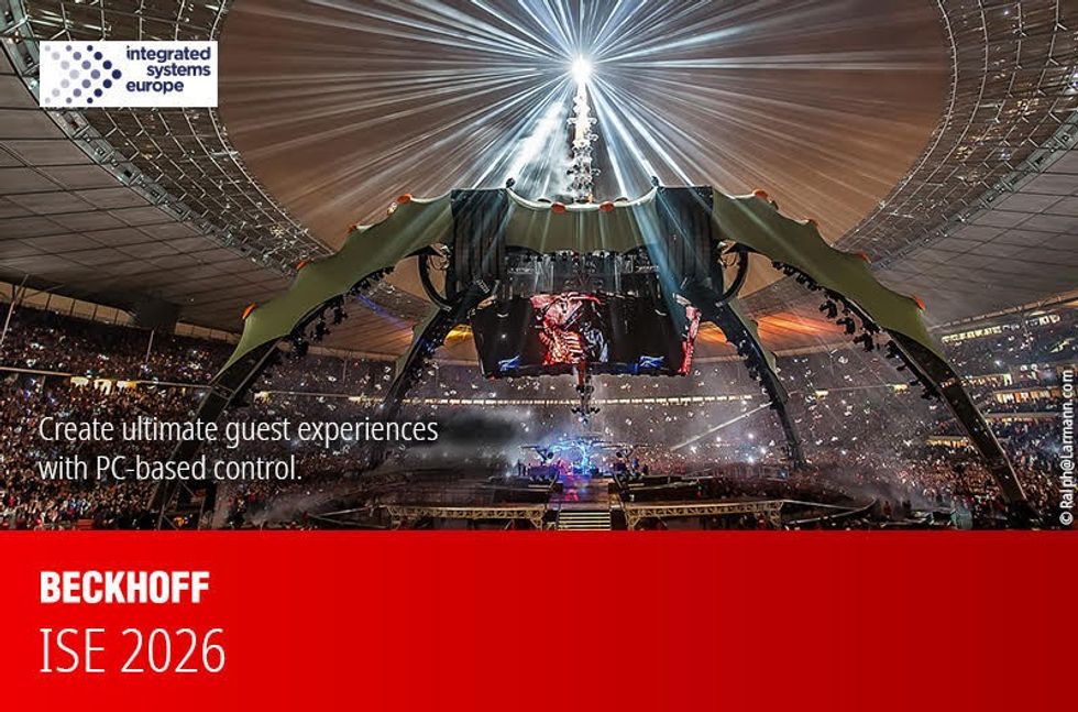 Concert stage with bright lights and audience, promoting Beckhoff ISE 2026.
