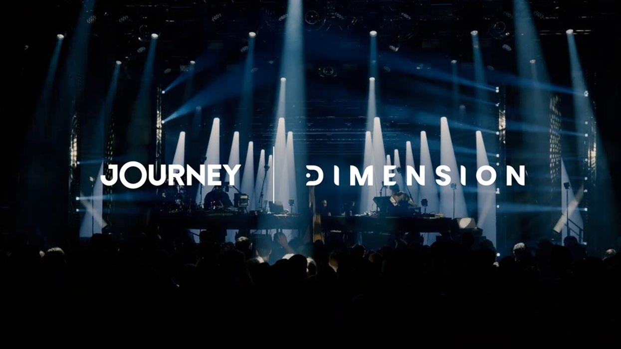 Concert stage with "Journey Dimension" text and dramatic lighting.