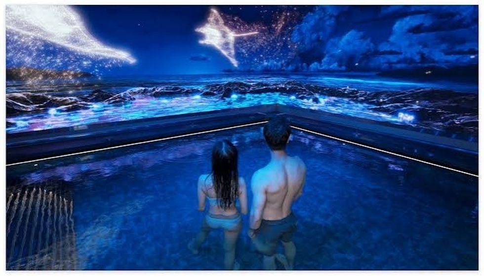 Couple in pool viewing a digital ocean and sky projection, with glowing whale-like shapes above.