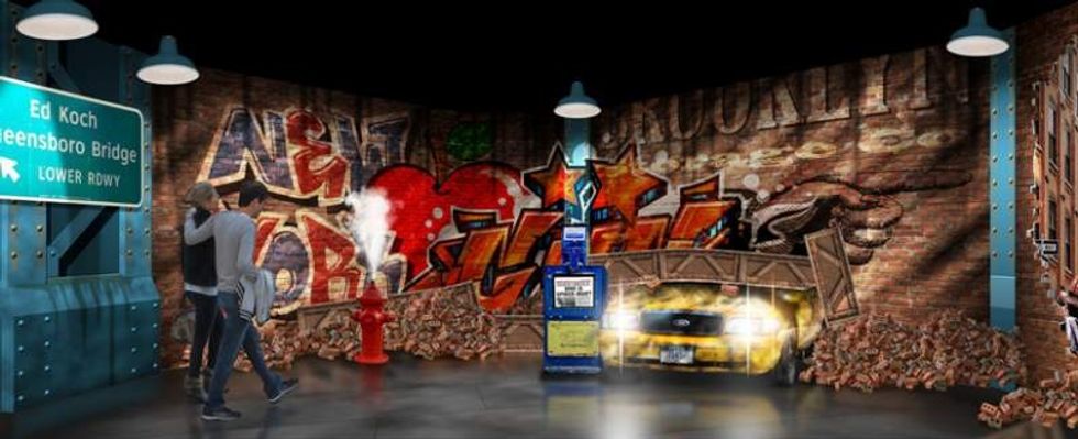 couple near yellow taxi at marvel attraction at madame tussauds blackpool