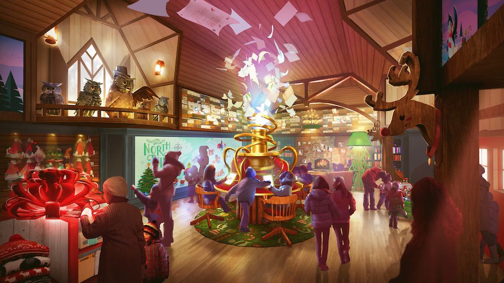 Cozy Christmas workshop with people, glowing machines, books, and owl decorations above, Santa\u2019s Village Retail Experience
