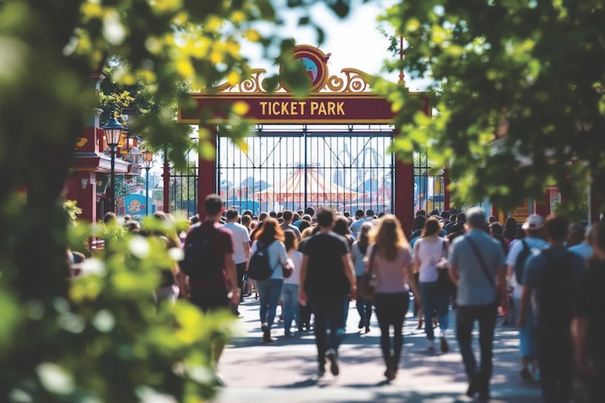 Crowd entering a theme park through the ticket gate, surrounded by trees.