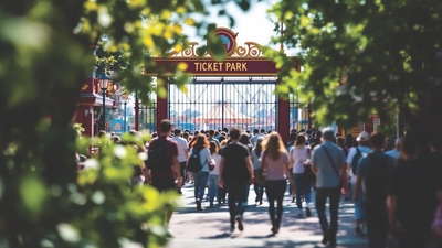 Crowd entering a theme park through the ticket gate, surrounded by trees.