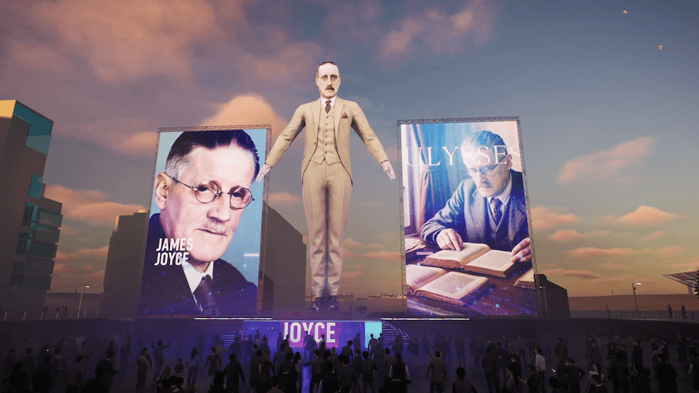Crowd gathers by giant James Joyce statue and Ulysses display at sunset.