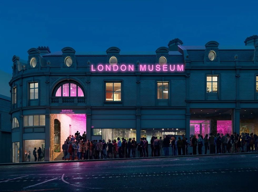 Crowd lined up outside the illuminated "London Museum" at night, concept art