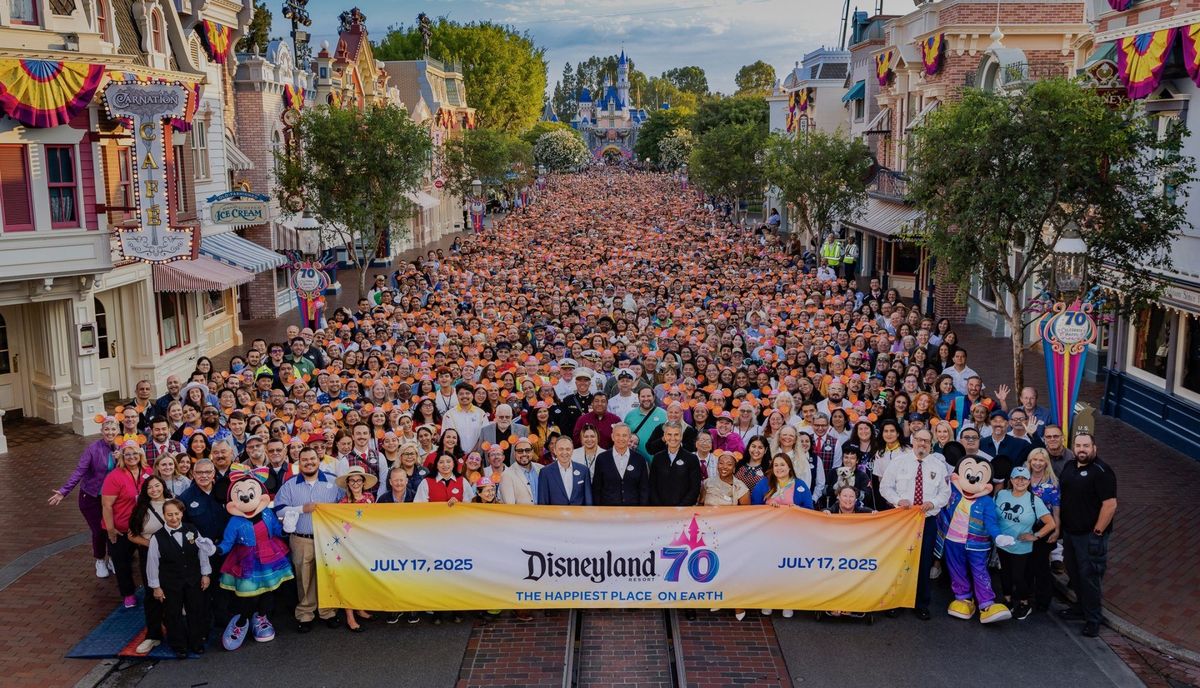 Crowd of cast members gathers at Disneyland for the 70th anniversary celebration, July 17, 2025.