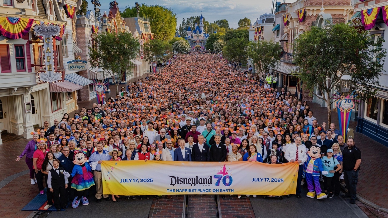 Crowd of cast members gathers at Disneyland for the 70th anniversary celebration, July 17, 2025.