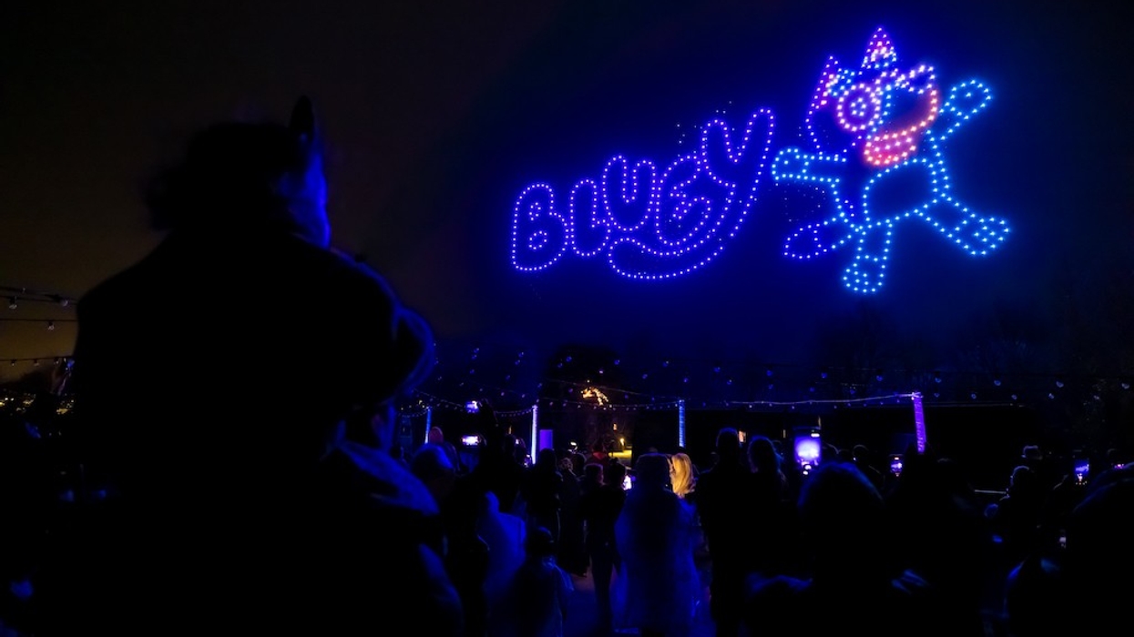 Crowd watches a colorful drone display spelling "BLUEY" with character in the night sky.