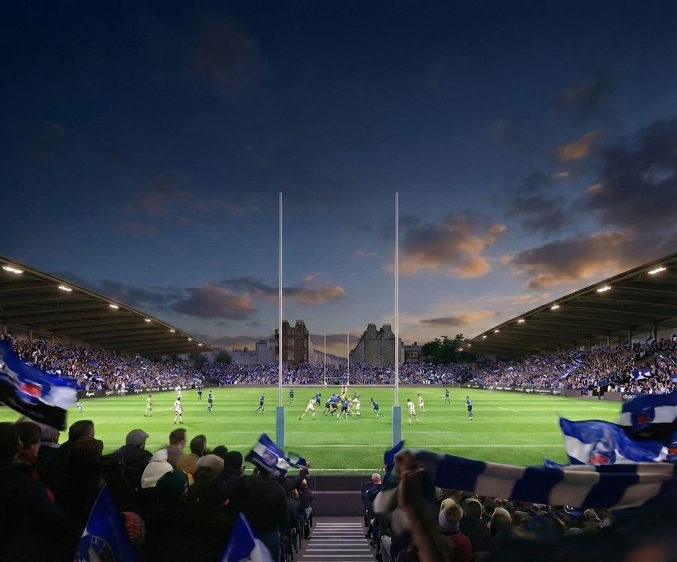 Crowds watch a rugby match in a lit stadium at dusk.