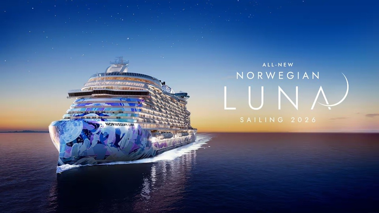 Cruise ship "Norwegian Luna" sailing at sunset, debuting in 2026.