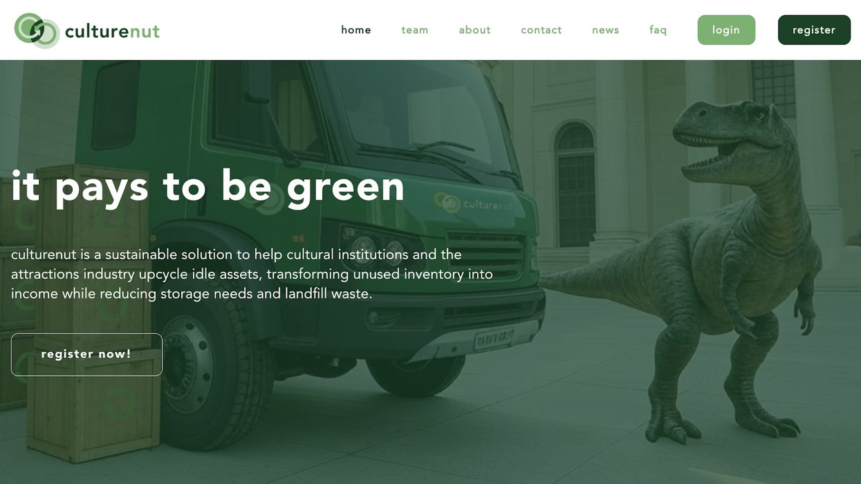 Culturenut website. Green truck and dinosaur promoting sustainability with "it pays to be green" text.