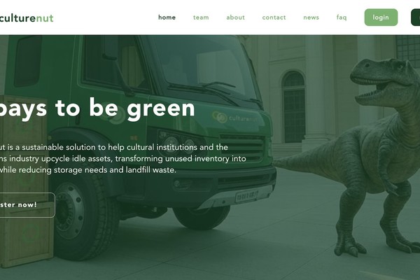Culturenut website. Green truck and dinosaur promoting sustainability with "it pays to be green" text.