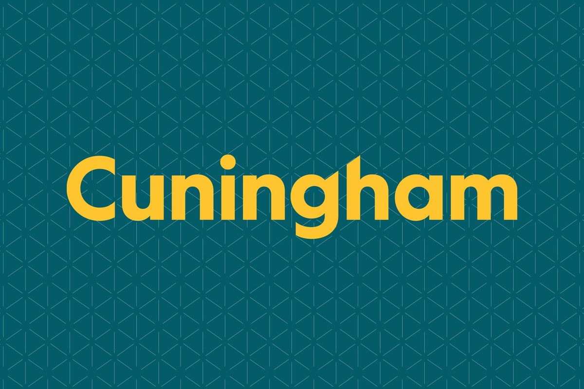 "Cuningham logo in bold yellow text on a teal geometric pattern background."