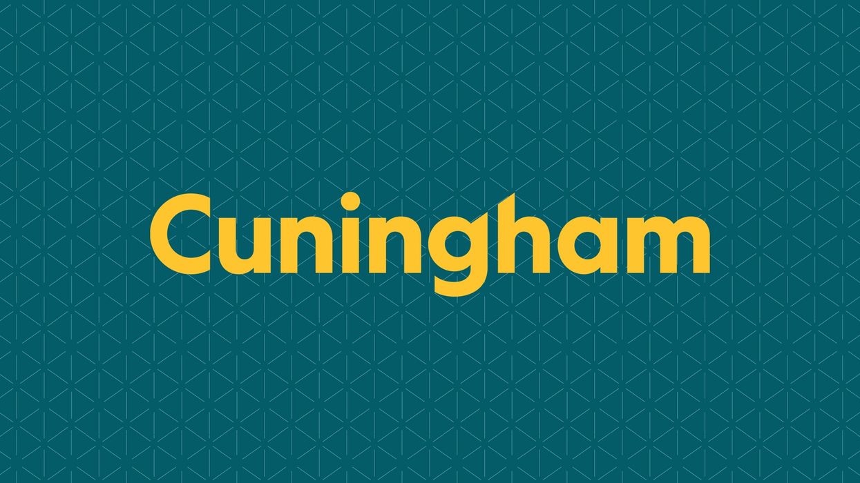 "Cuningham logo in bold yellow text on a teal geometric pattern background."