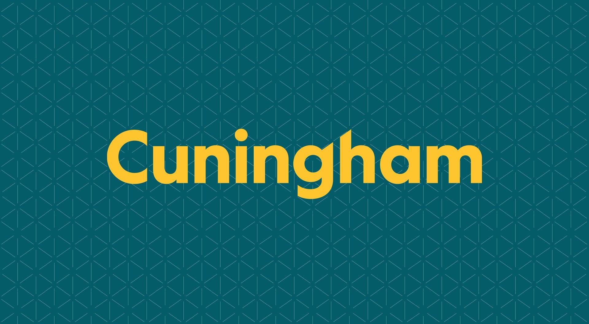 "Cuningham logo in bold yellow text on a teal geometric pattern background."