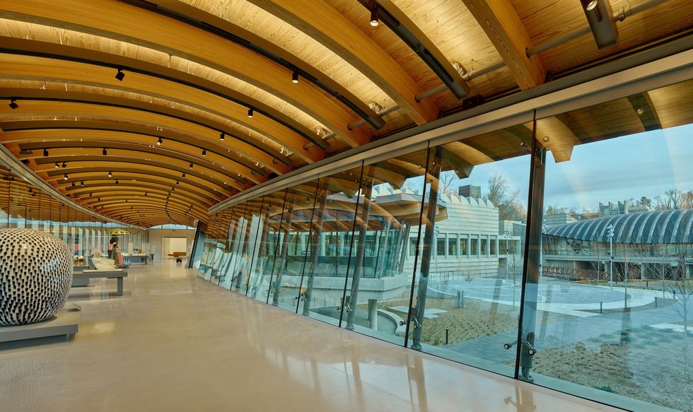 Curved wooden ceiling with glass walls in a modern art gallery space called the Crystal Bridges Museum of American Art.