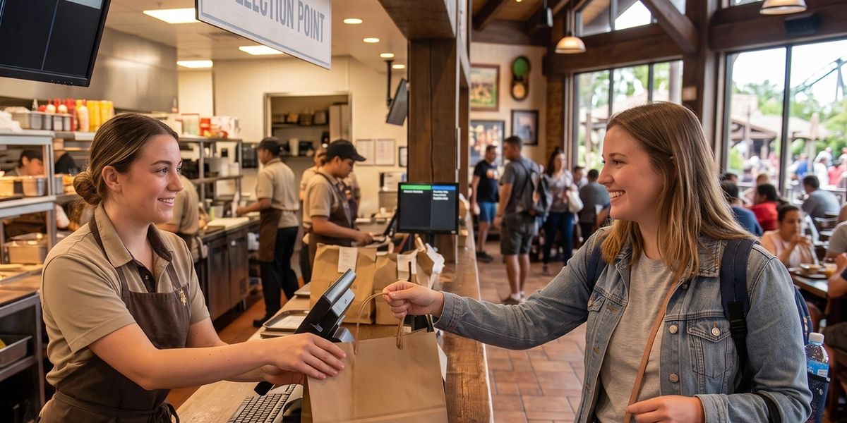 Customer receiving takeout order from a cashier in a busy restaurant.