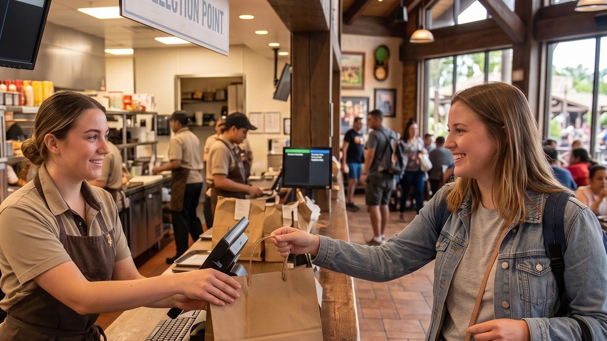 Customer receiving takeout order from a cashier in a busy restaurant.