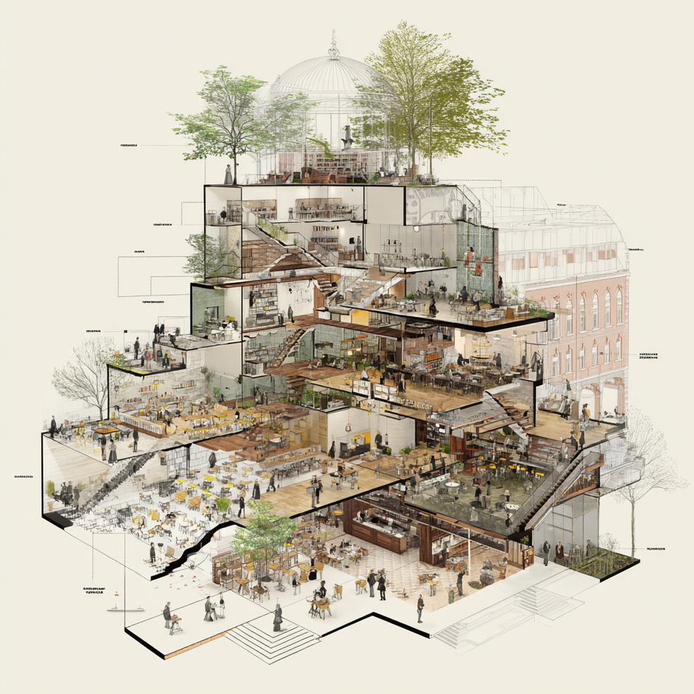 Cutaway illustration of a multi-level building with various rooms and trees on the roof.