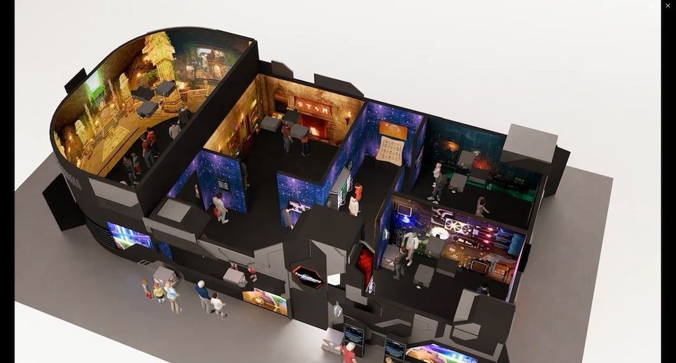 Cutaway model of a futuristic, multi-room complex with diverse interior themes and activities.