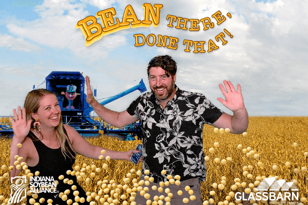 Cynthia Brown and John Show against background of a soybean field with "BEAN THERE, DONE THAT" text overhead.