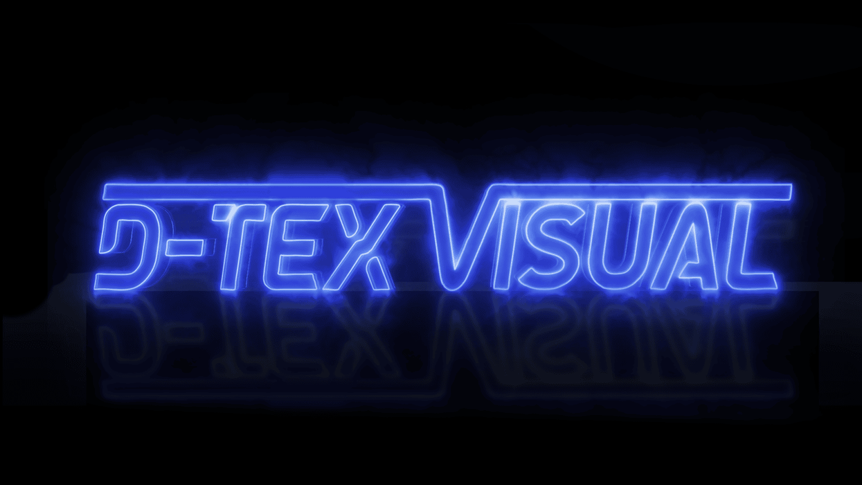 D-Tex Visual logo in blue glowing neon font on a black background