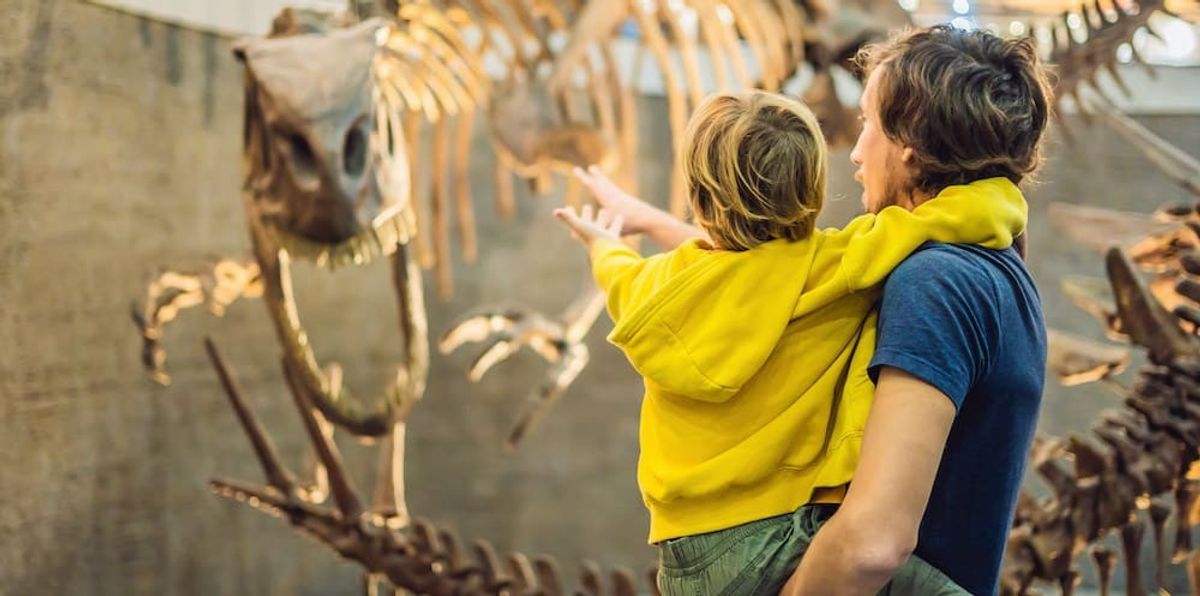 Dad and boy watching dinosaur skeleton