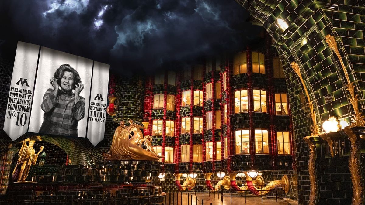 Dark, mystical atrium themed after Harry Potter's Ministry of Magic at Universal park