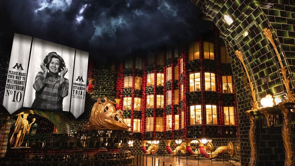 Dark, mystical atrium themed after Harry Potter's Ministry of Magic at Universal park