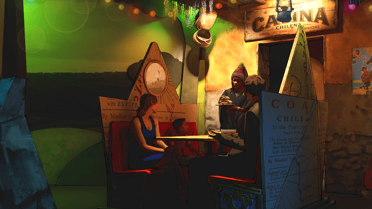 Dark ride with colorful lights and cabin theme, people chatting and enjoying food.