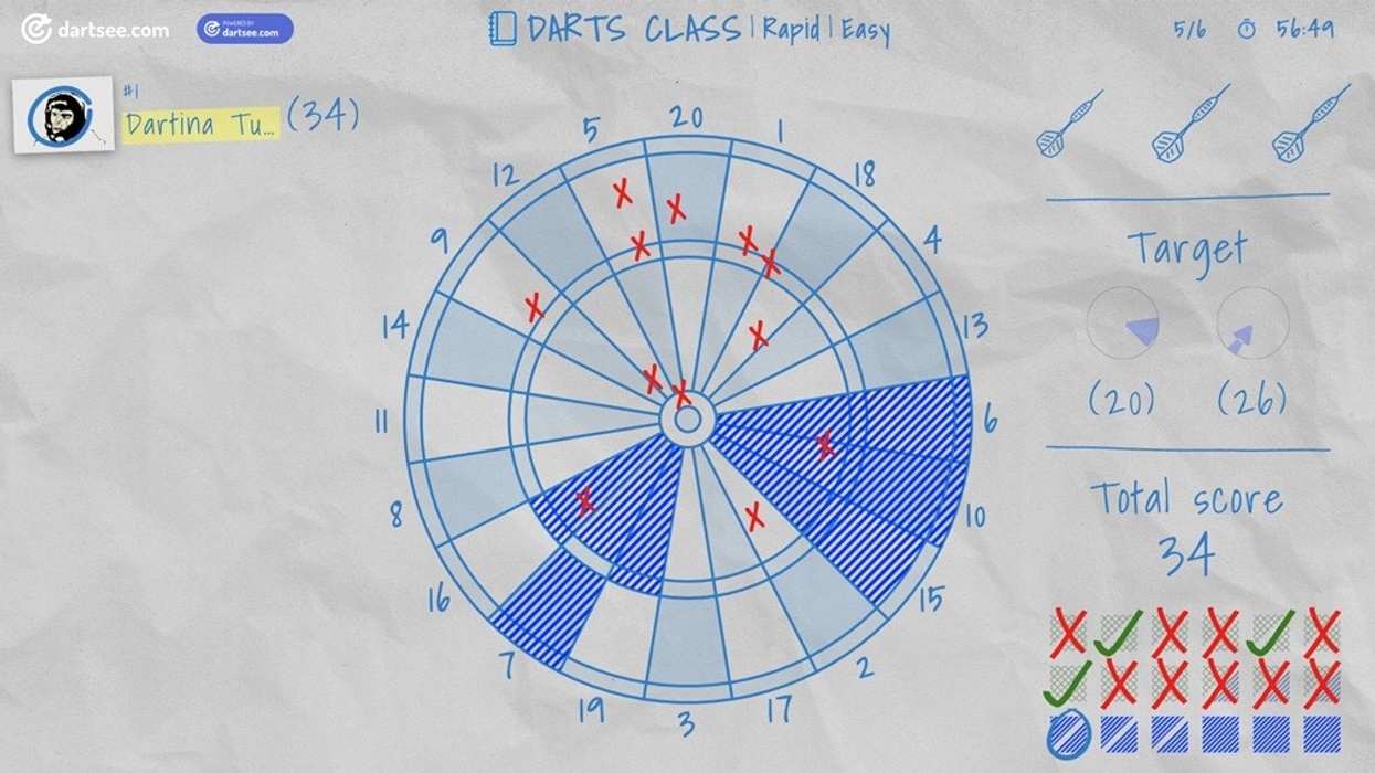 Darts Class screen with a bullseye chart, score of 34, and checkmarks and crosses.