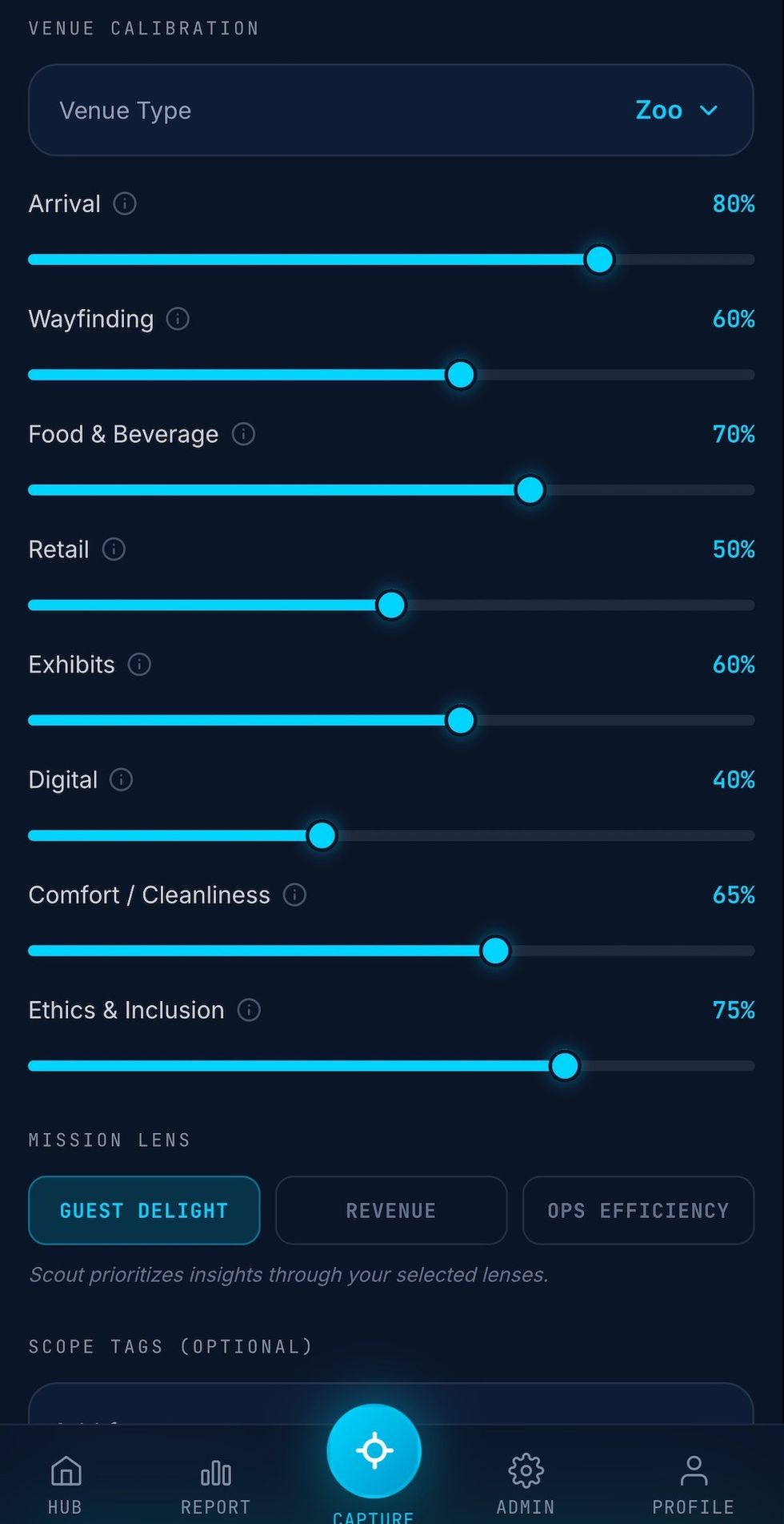 Dashboard with sliders adjusting zoo venue calibration metrics.