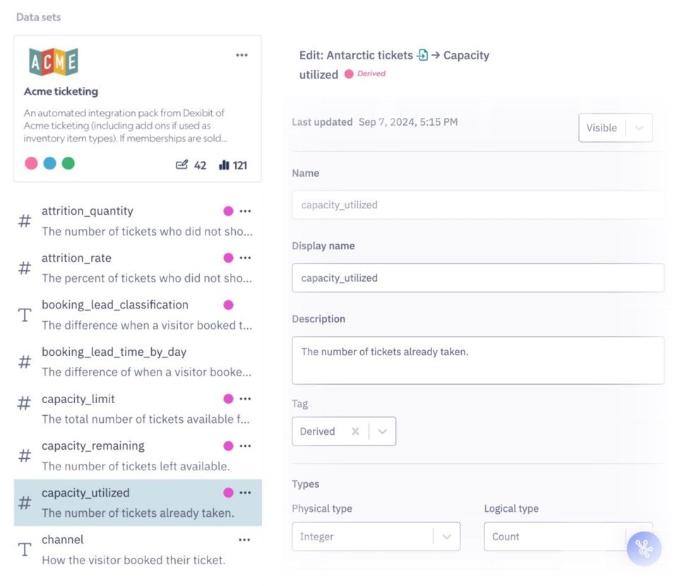 Data set interface showing ticket capacity utilization details for Acme ticketing.