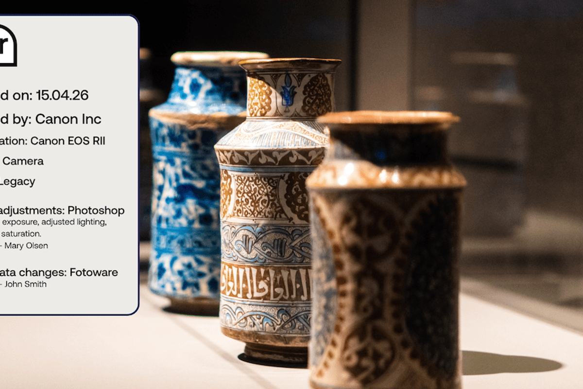 Decorative vases in a display case with editing details listed on the left.