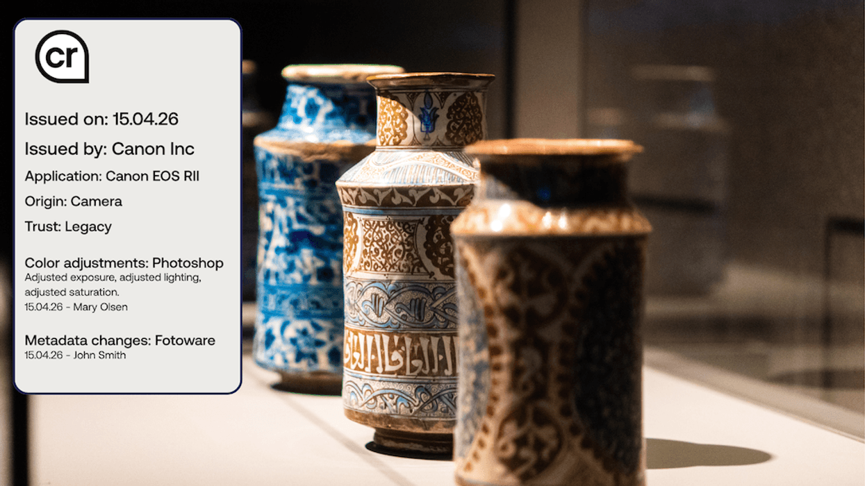 Decorative vases in a display case with editing details listed on the left.