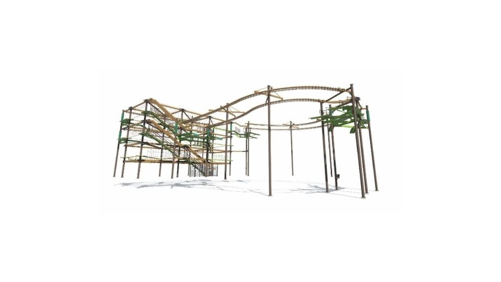 Design of the rope course structure at Universe Science Park, Denmark, with multiple levels and obstacles, set against a white background.