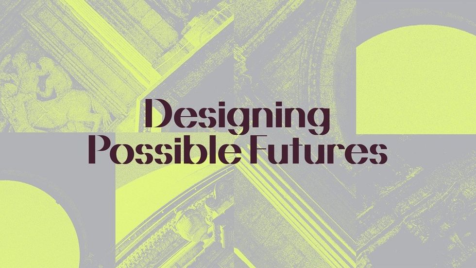 "Designing Possible Futures" text on abstract green and gray geometric background.