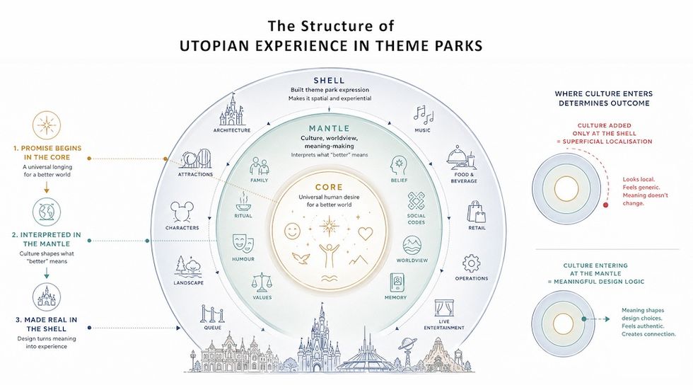 Diagram illustrating the structure of utopian experiences in theme parks.