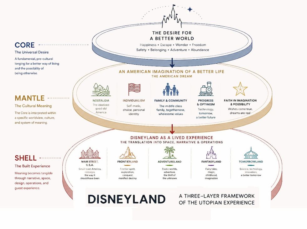 Diagram of Disneyland's three-layer utopian framework: Core, Mantle, Shell.