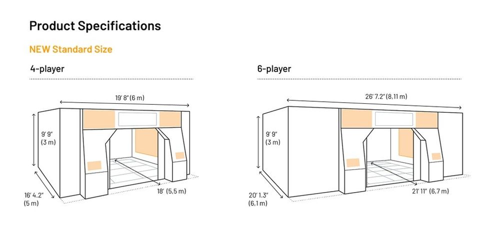 Diagrams of 4-player and 6-player game room dimensions with measurements.