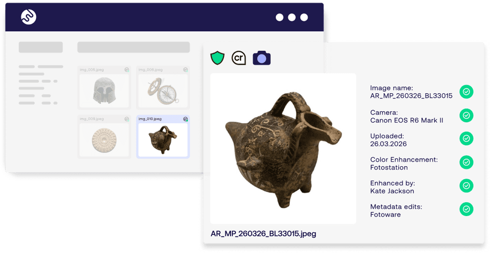 Digital asset management interface displaying a 3D artifact image and metadata.