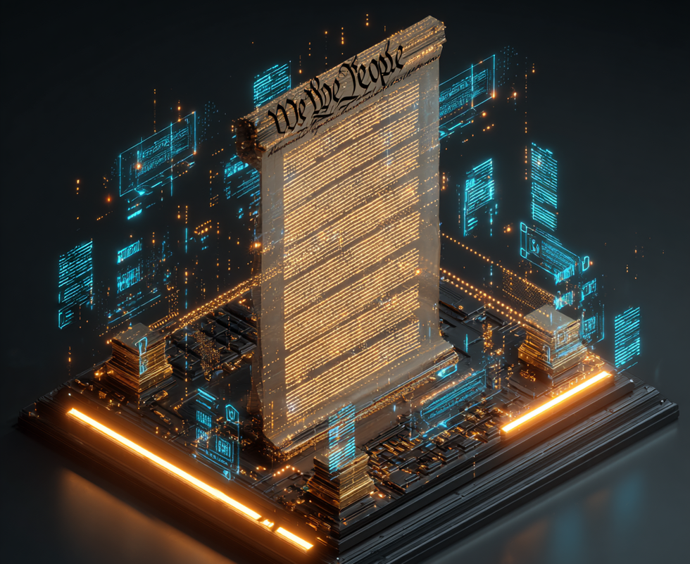 Digital Constitution scroll on a circuit board, glowing with blue and orange lights.