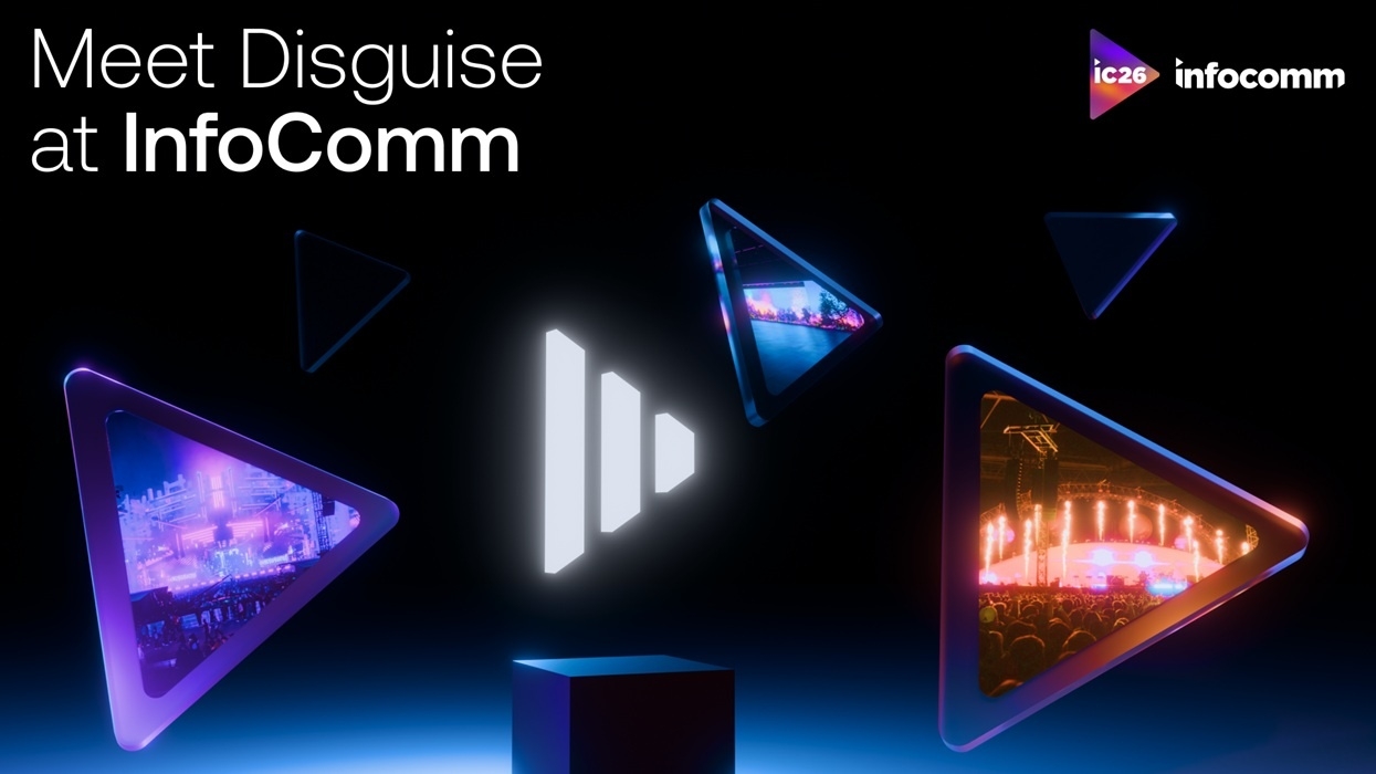 "Digital event promo with triangular screens and 'Meet Disguise at InfoComm' text."