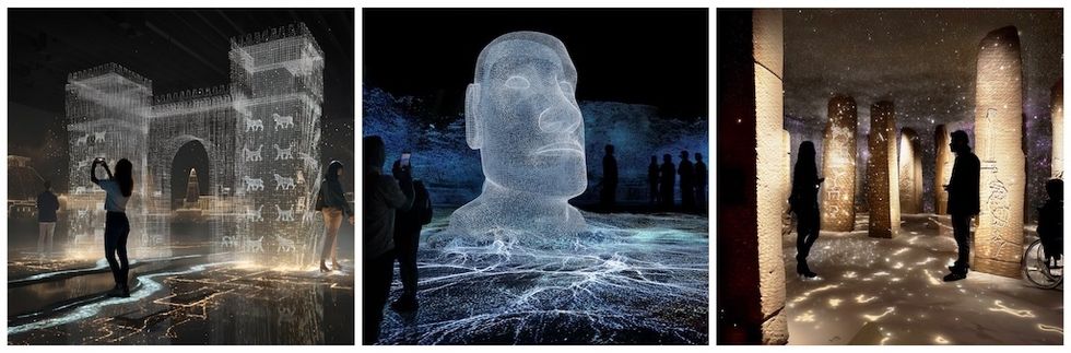 Digital light displays in three archaeological scenes with visitors observing, Timewalk immersive experience
