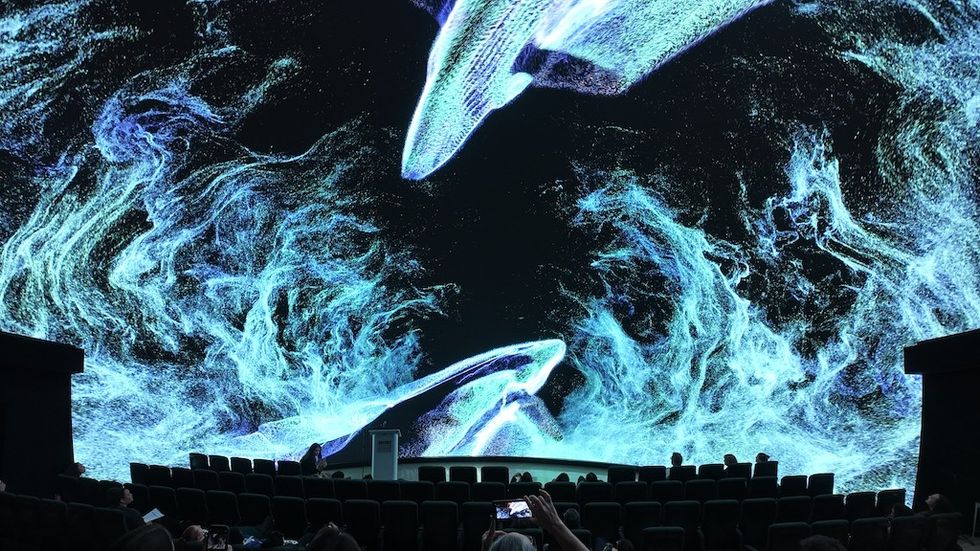 Digital ocean scene on a curved screen with two whales, viewed by an audience.