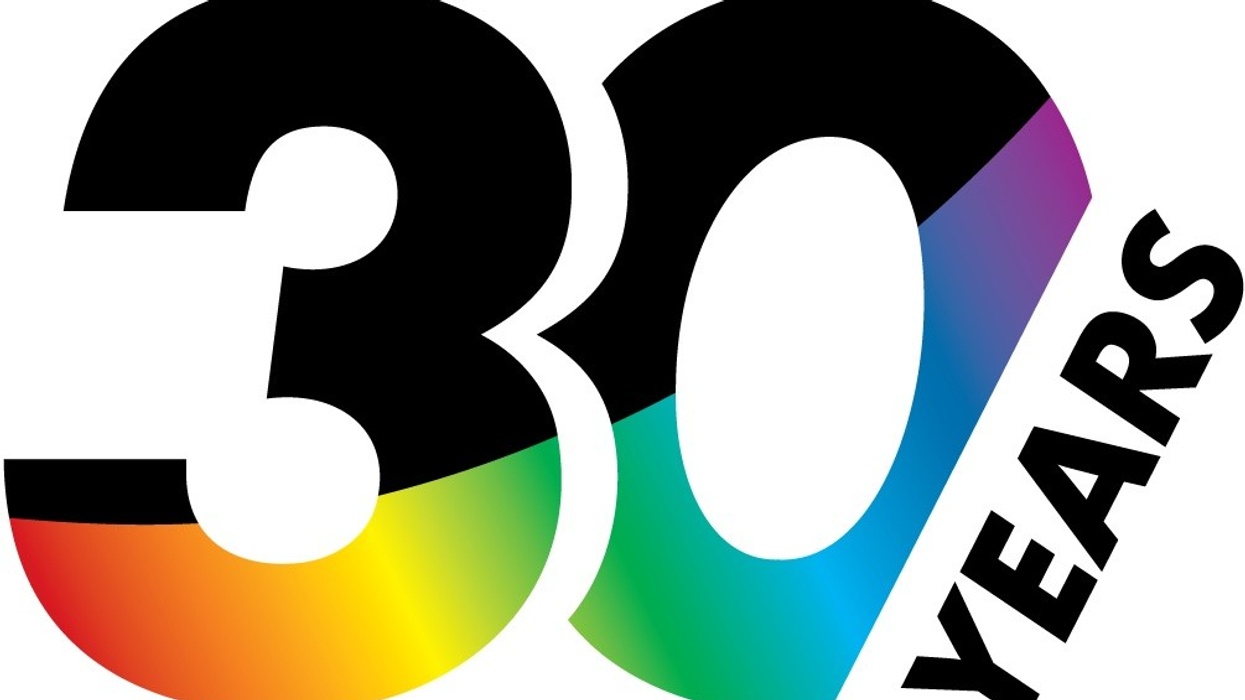 Digital Projection's "30 Years" logo with rainbow gradient inside the number.