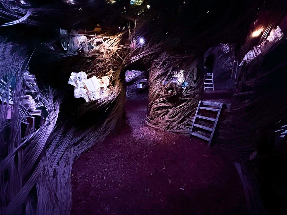 Dimly-lit, whimsical maze with woven walls and scattered books.