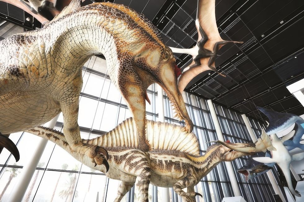 Dinosaur and pterosaur models from Research Casting International in a museum with a large windowed ceiling.